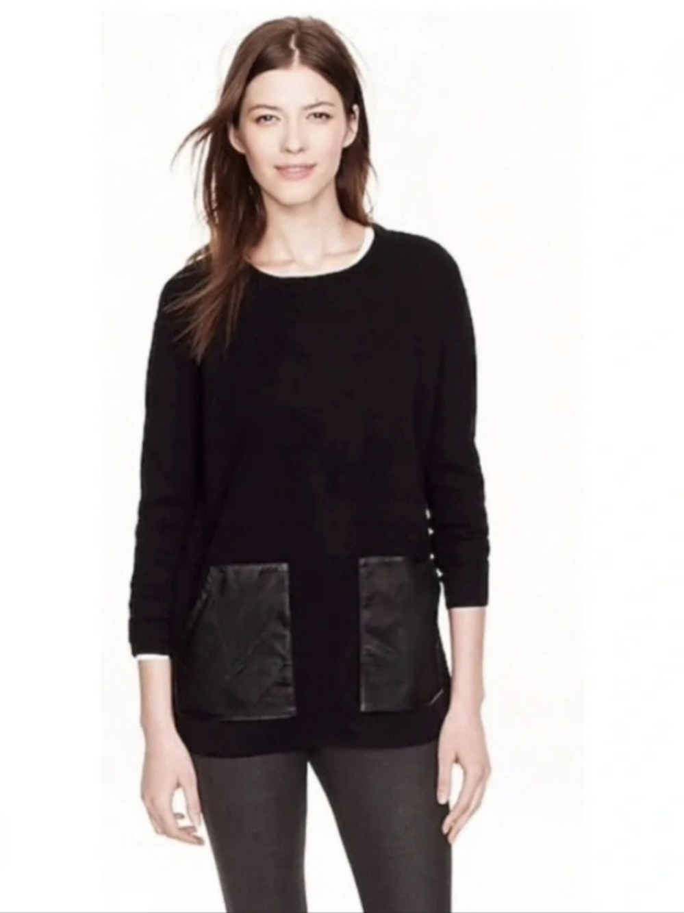 J.CREW 100% Merino Wool Sweater Faux Leather Pocket Black S Fall Work Chic